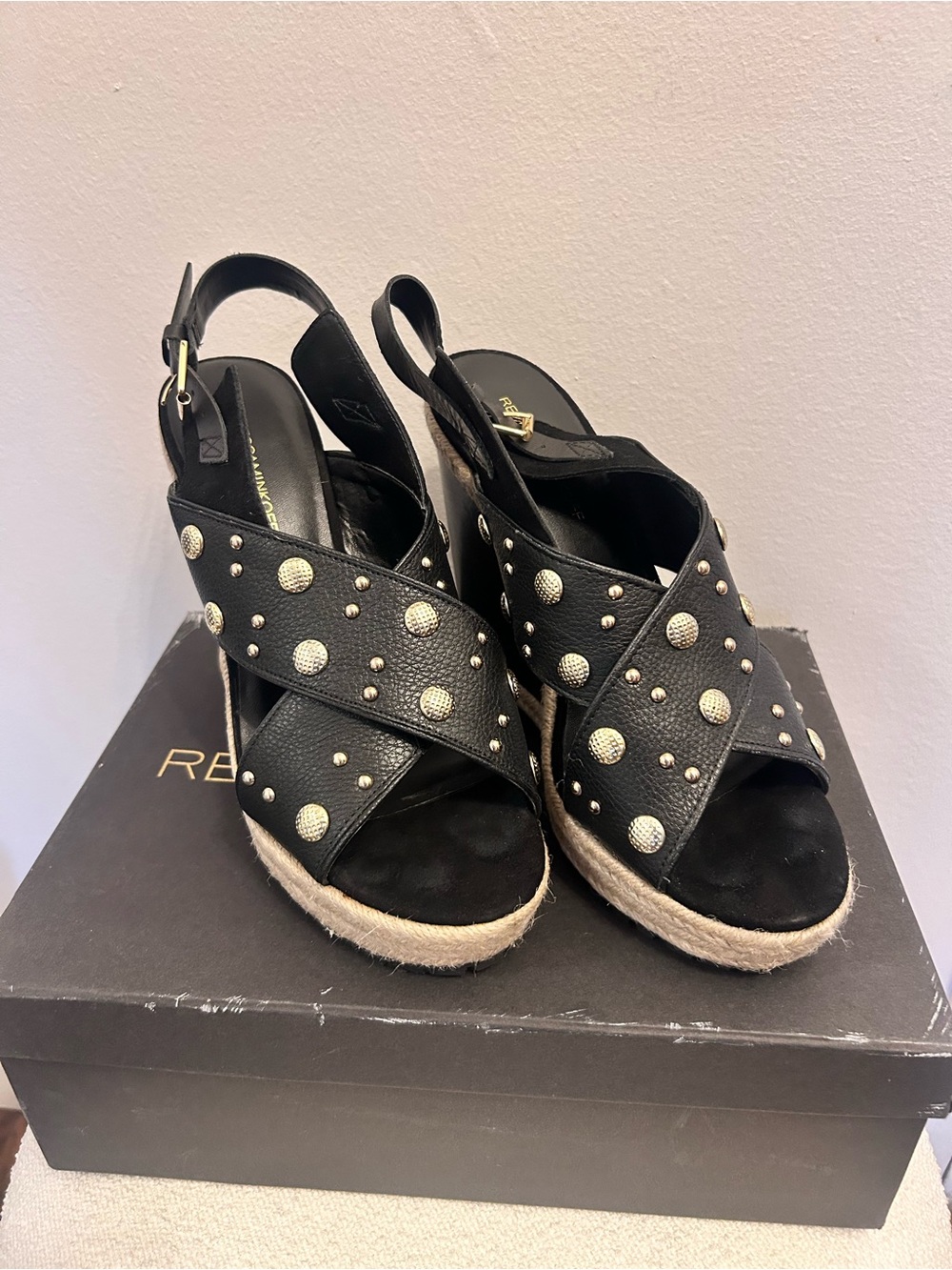 Rebecca Minkoff Black Studded Crisscross Wedge Sandals